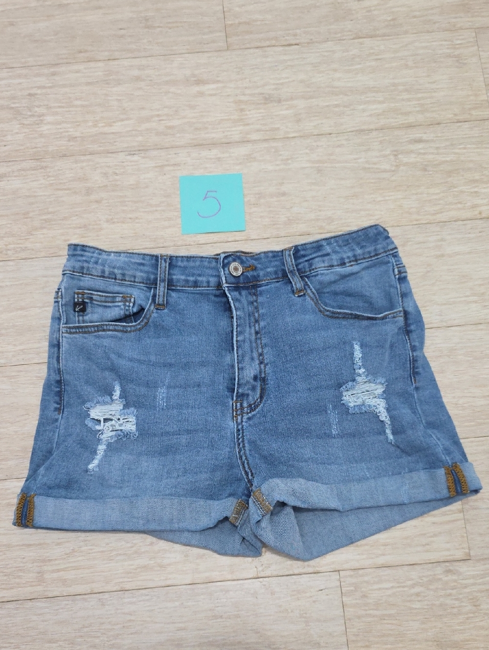KanCan Medium Blue Distressed Rolled-Hem Denim Shorts